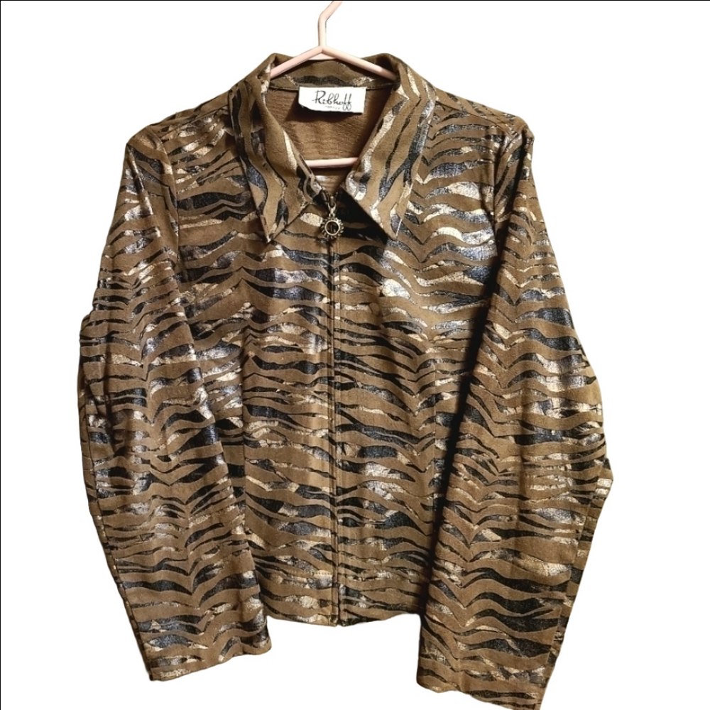 Ribkoff Y2K Animal Print Moto Bomber Jacket Faux Suede Full Zip-Up Black Brown